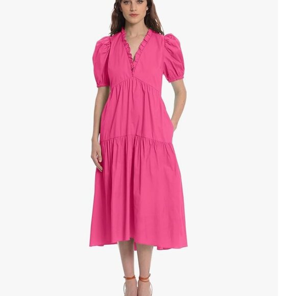 Donna Morgan Women Dress 2 Ruffle V-Neck‎ Tiered Puff Barbie Cottagecore Boho - Picture 1 of 11